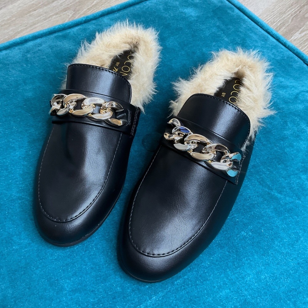 Coconuts by Matisse Shoes Women 6.5 Black Mules Slides Faux Fur Slip On NWOT